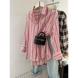 Pink Vertical Striped Shirt for Women's Spring and Autumn New Design Sense Layered and Lazy Shirt Jacket Casual Blouses Shirts