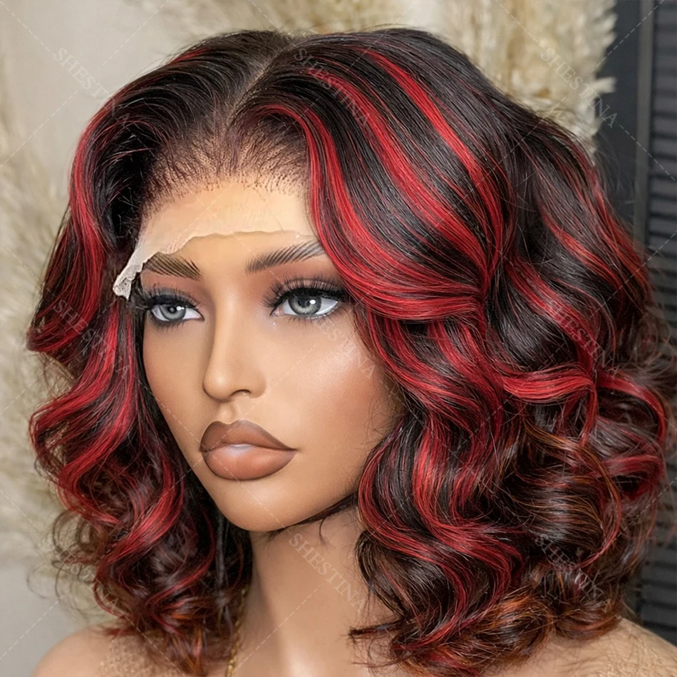 

Парик-боб из натуральных волос 1B/99J, омбре черный с красными волнистыми прядями, 13x4, с кружевной основой, бразильский, бургундский цвет, без клея
