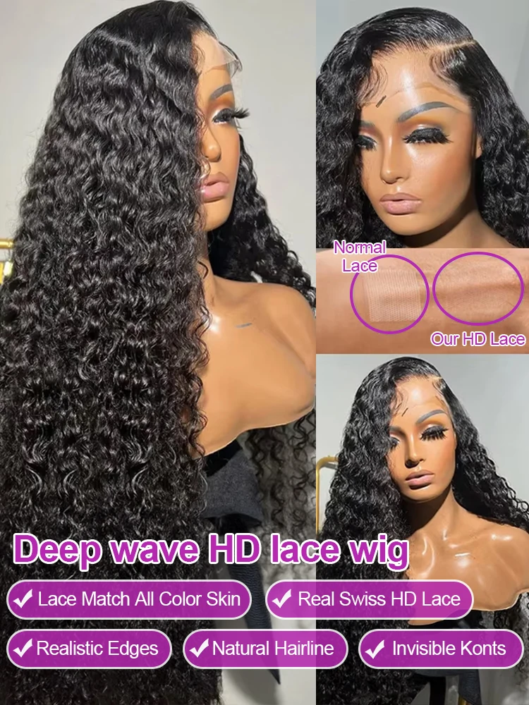 Peruca Frontal de Renda com Ondas Profundas de 40 Polegadas, Cacheada Kinky, 13x4 13x6, Renda HD, 100% Cabelo Humano, Perucas com Ondas de Água, Densidade 250