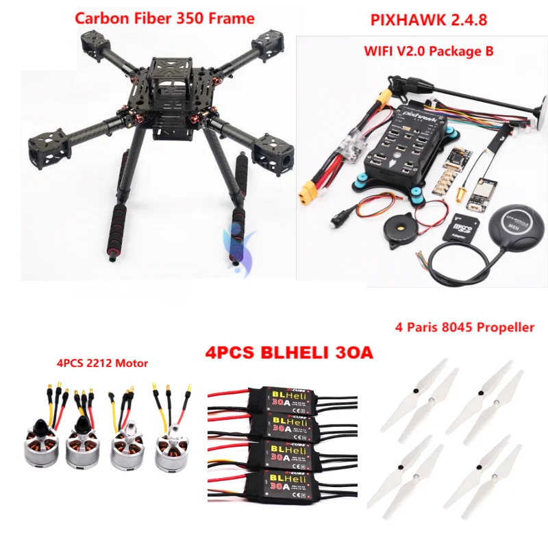 Kit de contrôle de vol en fibre de carbone F350 PIXHAWK 2.4.8 M8N, cadre Ardupilot 100MW télémétrie radio quadrirotor BLHELI 30A 2212 moteur ESC