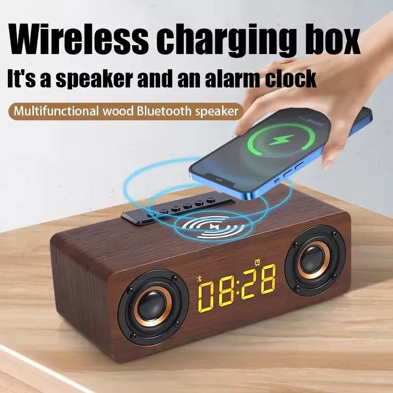 Multifunction Desk Table Led Digital Display Alarm Clock FM Radio Blue-tooth BT 5.0 Speakers with Cell Phone Wireless Charger