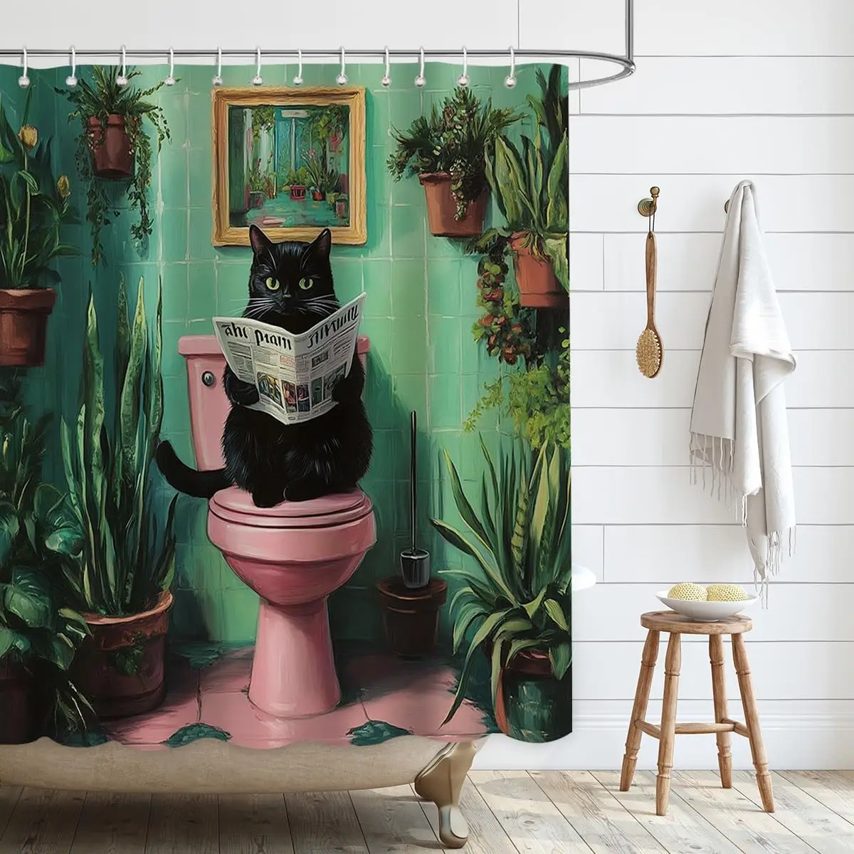 

Занавеска для душа с изображением кота, современная милая занавеска для ванной комнаты в стиле бохо для девочек, черный мультяшный кот, листья лотоса и цветы, набор занавесок для пруда, Waterp