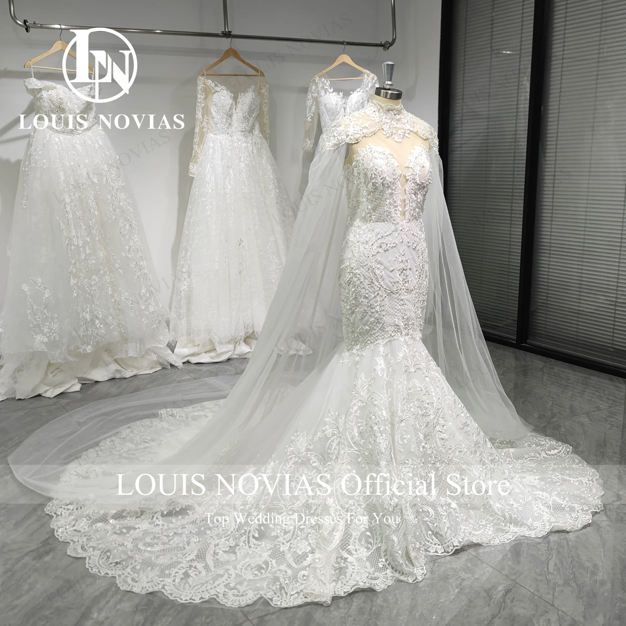 LOUIS NOVIAS gaun pernikahan putri duyung 2024 kristal manik-manik kekasih baru dengan syal applique gaun pernikahan Vestidos De Novia