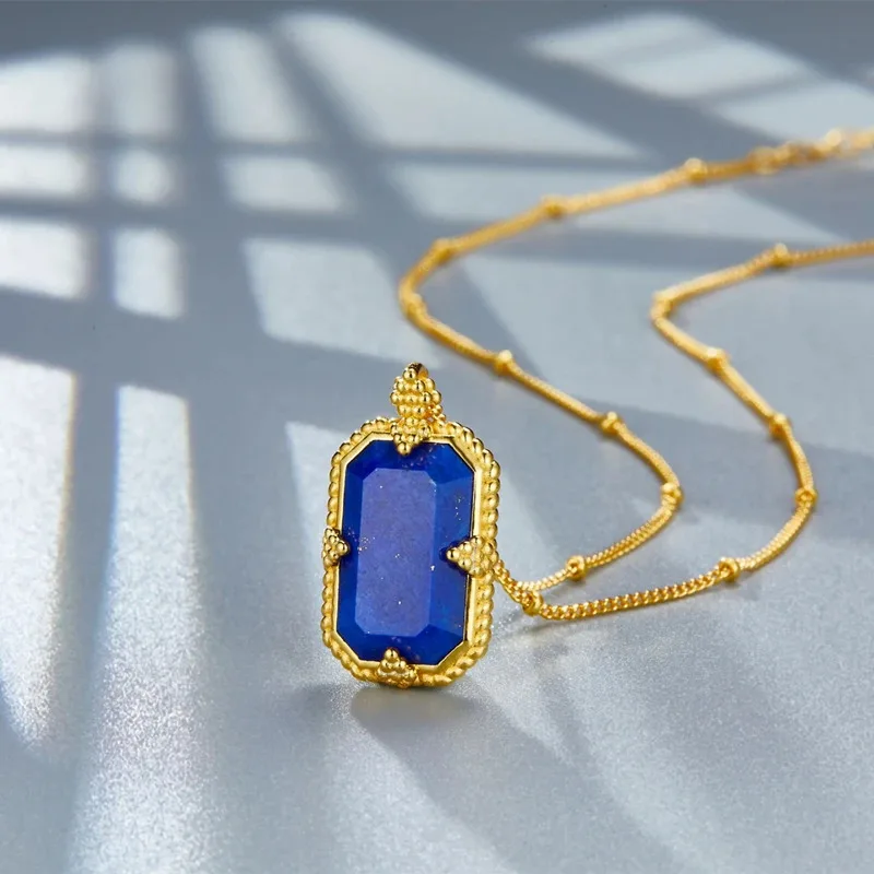 Clearance 925 Silver 18K Gold Lapis Lazuli Pendant Necklace Women Geometric Chic Fine Jewelry Limited Stock First Come First Get