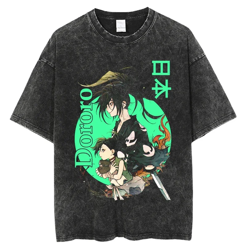 Vintage Washed Mens Streetwear Casual O-Neck Summer Short Sleeve Unisex T-Shirt Japanese Anime Dororo Graphic Printing Tshirt