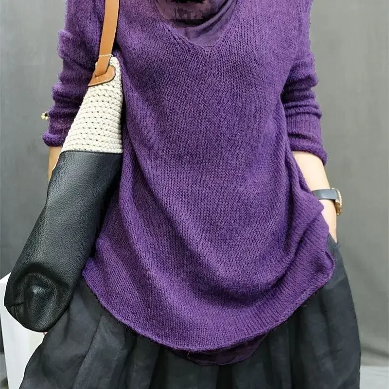 Fashion Spliced Mohair Pullover Women Causal Purple Womens Wool Sweater Autumn Winter Stacked Collar Cashmere Tops