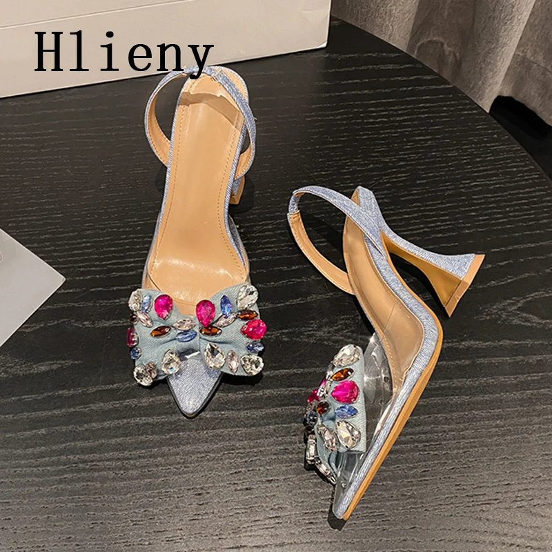 Hlieny Fashion Denim Blue Bowknot Crystal Women Pumps Sexy Pvc Transparent Pointed Toe High Heels Sandals Prom Party Shoes