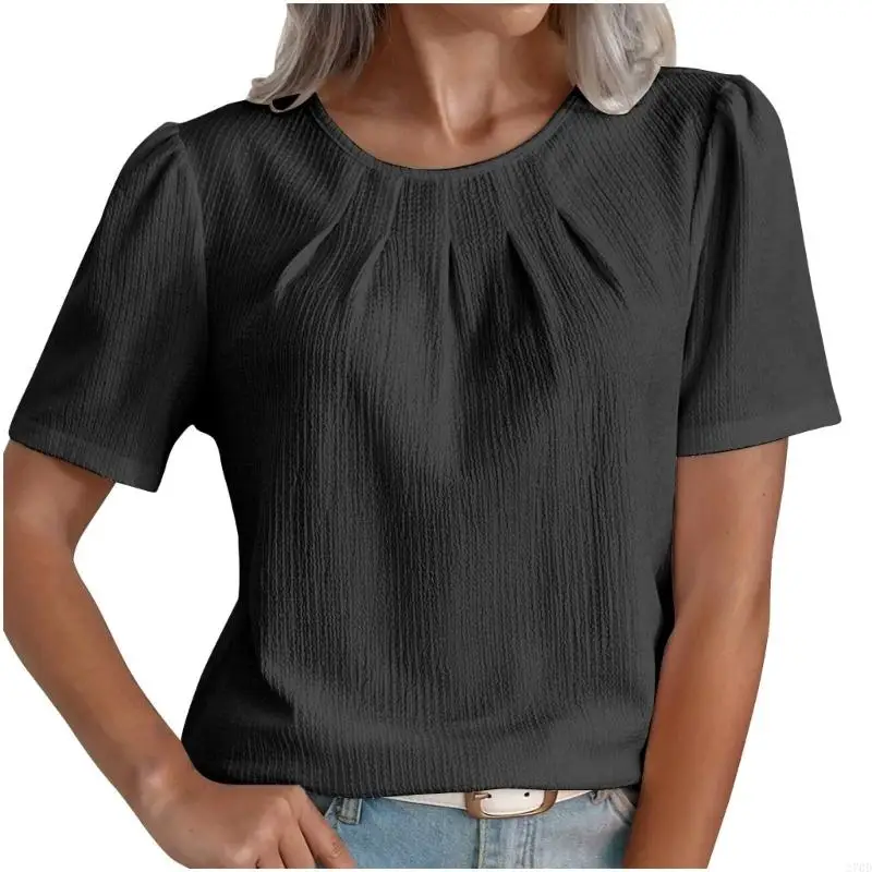 

Womens Casual Neck Short Sleeve Pleated Tops Blouses Fashion Clothes