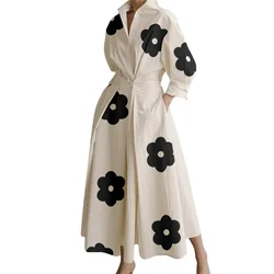 Women Stylish Floral Printed Lapel Elegant Party Evening Dress 2024 New Spring Long Sleeve Pleated A-Line Midi Dresses