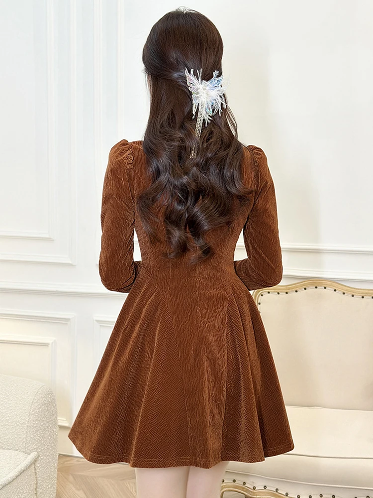 French Elegant Caramel Lace Paneled Prom Dress Women's Cute Sequin Diamond Swing Ball Gown Femme Party Mini Vestidos Dating Lady