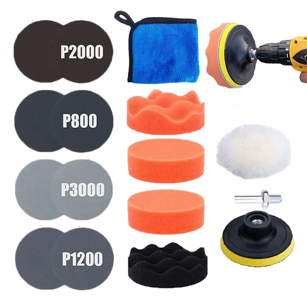 3 Inch Car Polishing Disc Sponge Pads Kit Foam Pad Buffer Set Sand Paper Buffing Polishing Pad for Car Polisher Electric Drill