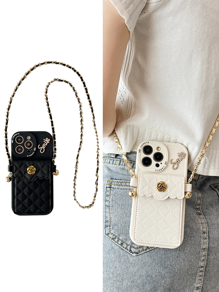 

Fashion 3d Camellia Flower Coin Purse With Lanyard Phone Cover Case For Iphone 14 13 12 11 Pro Max Fall Prevention Coque Fundas