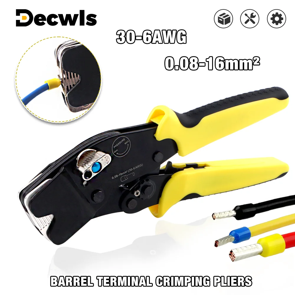 

Professional Ratchet Crimping Pliers, AWG 30-6 (0.08-16mm²) Barrel Terminal Crimping Pliers, Cable Crimping Tools, Manual Pliers