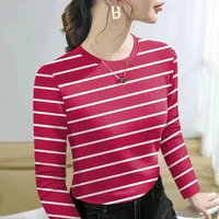 Autumn Casual Striped Long Sleeve Loose Fit Mommy Style round Neck Base Shirt plus Size Women's T-shirt Comfortable Versatile