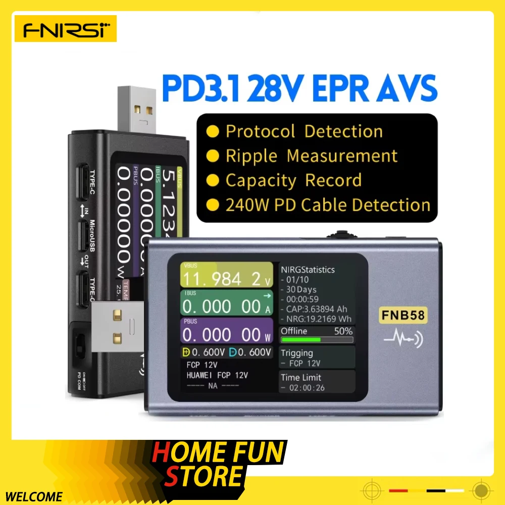 Fnirsi FNB58 Usb Tester Voltmeter Ammeter Type-C Fast Charge Detection Trigger Capacity Measurement Ripple Measurement Tools