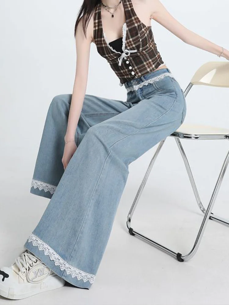 Women's Blue Lace-Edged Casual Denim Jeans Baggy Y2K American High Street 2000S Retro Style Loose Fit Trousers for Casual Wear