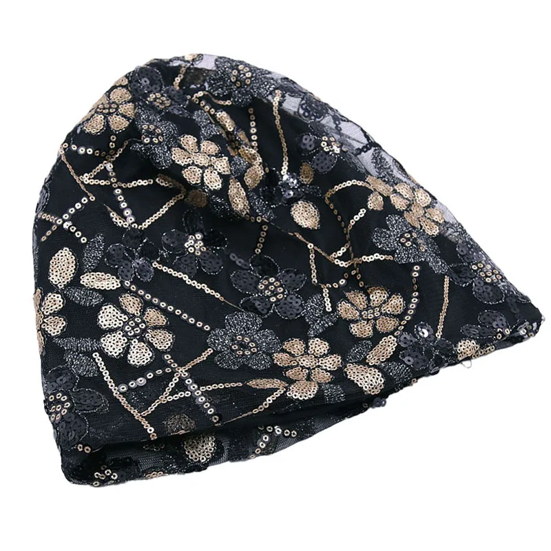 Spring Summer Women Sequins Lace Turban Hat Muslim Headdress Islamic Female Head Scarf Lady Breathable Hair Loss Beanie