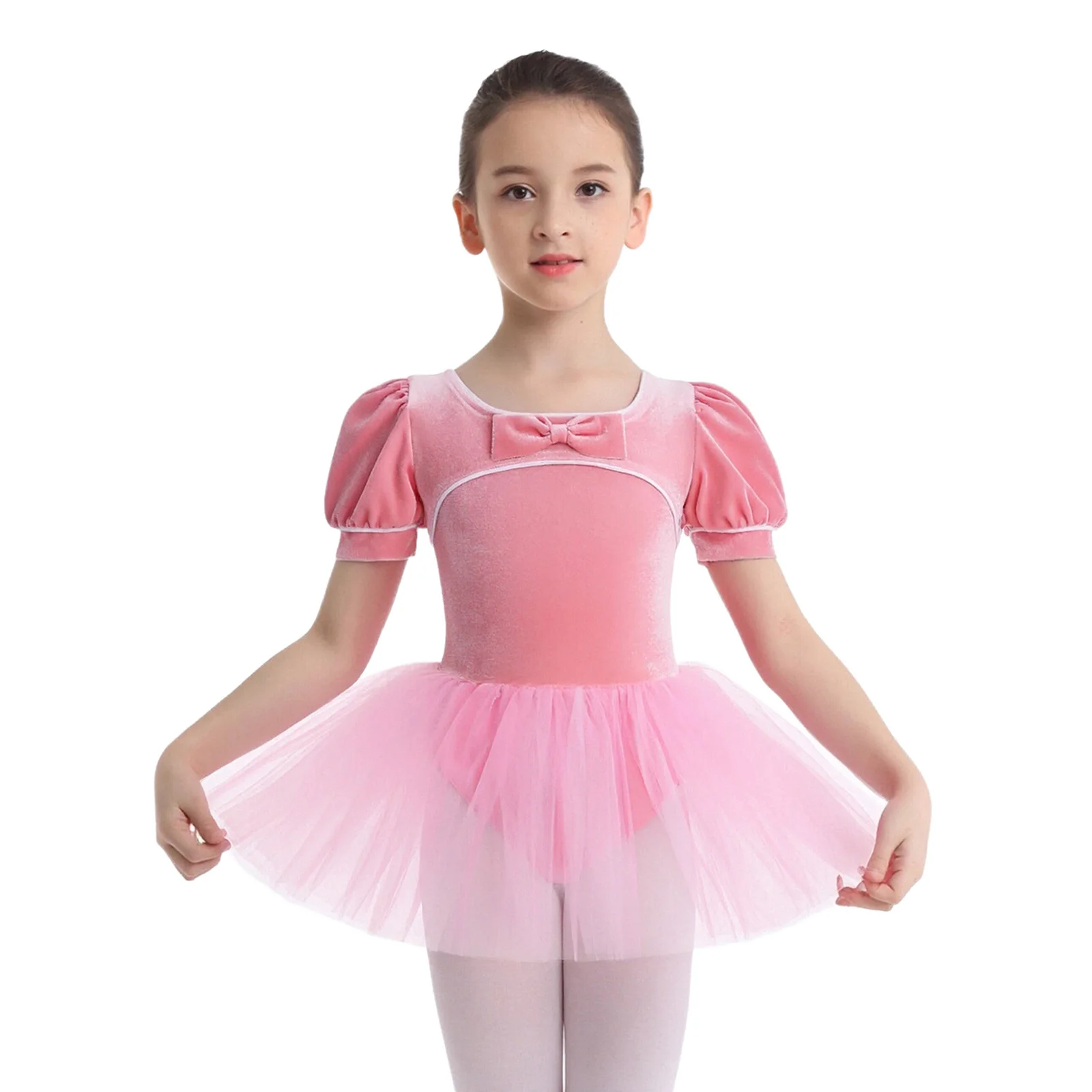 Filles élégantes enfant cygne Ballet danse Performance Tutu justaucorps robes nœud manches courtes bouffantes velours Tulle Ballet Dancewear