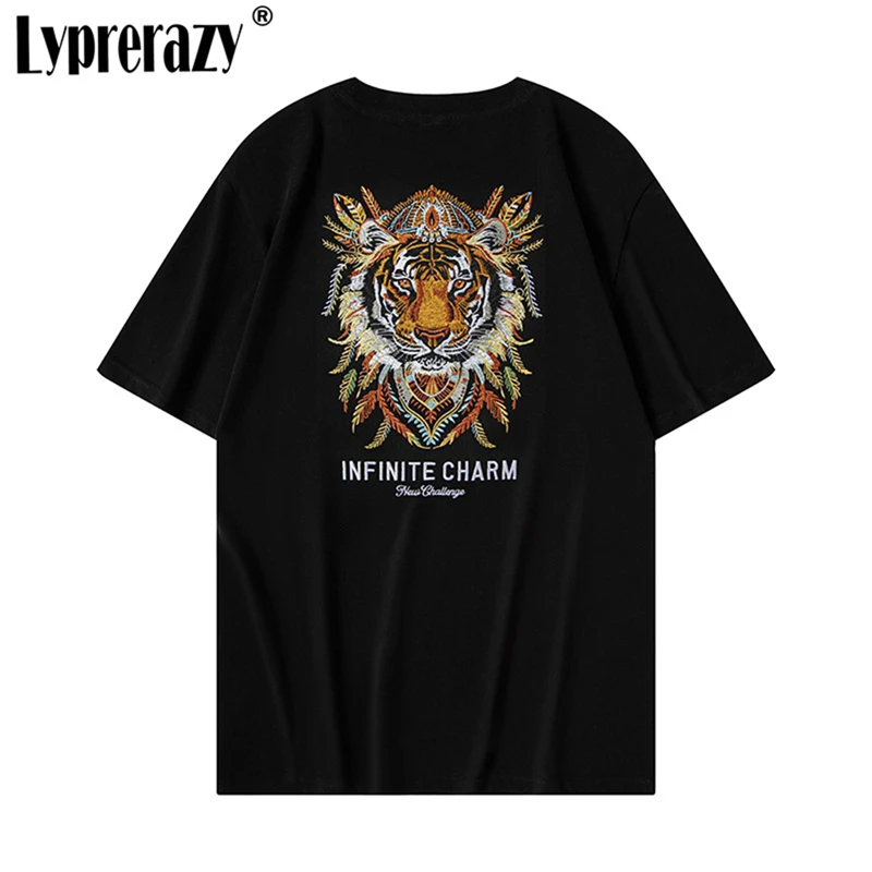 

Lyprerazy National Tide Tiger's Head Embroidery Loose Short-sleeved T-shirt Summer Round Neck Cotton Street Tops Tees