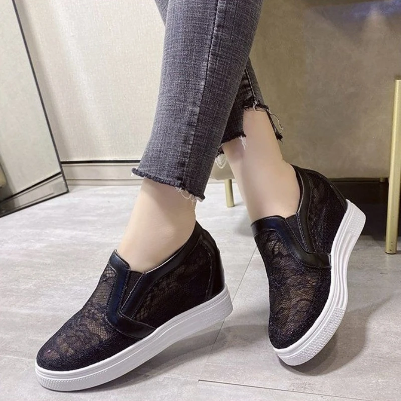 Platform Slip on White Shoes Women Summer Breathable Mesh Lace Hollow Sneakers Height Increasing Casual Walking Shoes