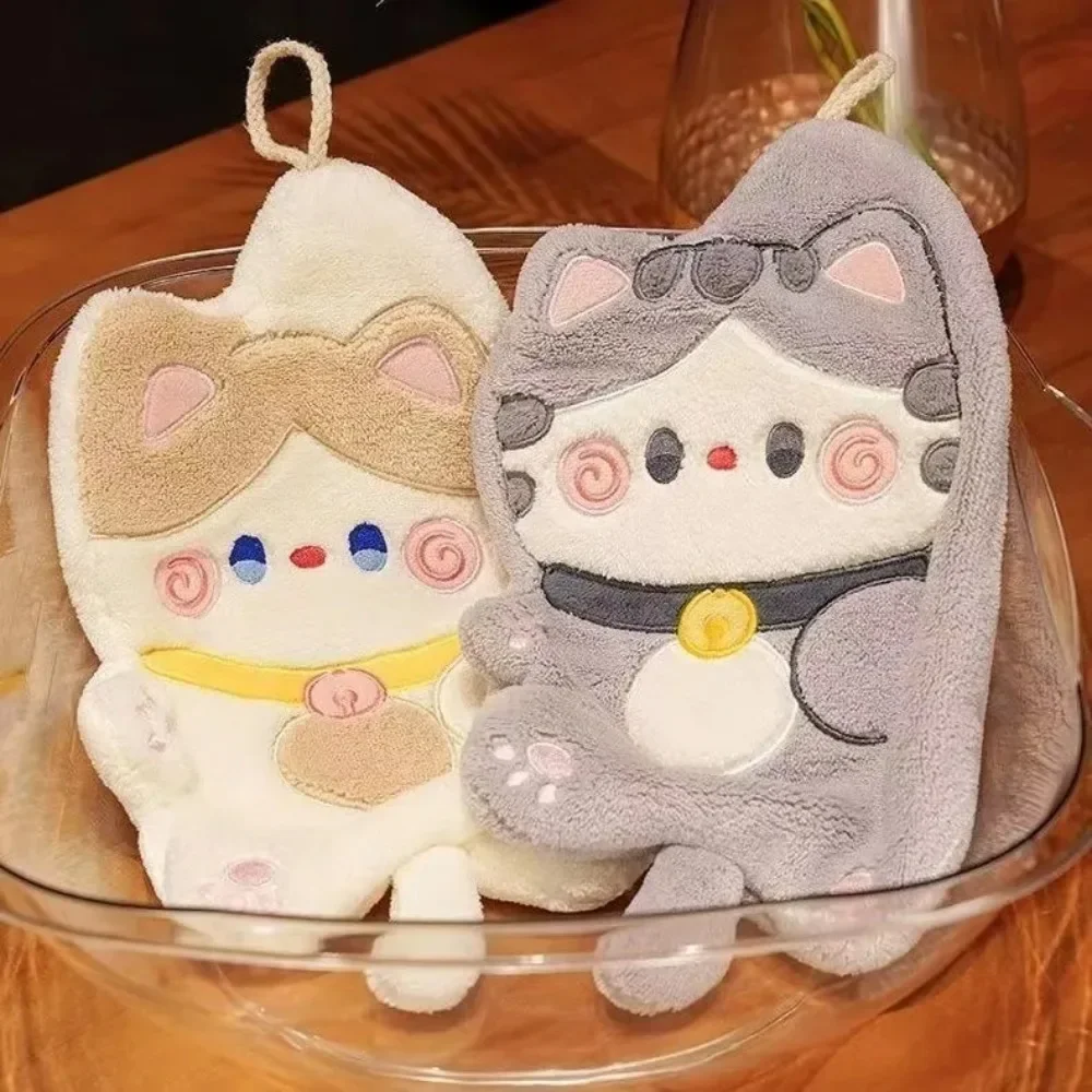 Cute Cat Hand Towel Quick Drying Kitchen Cleaning Rag Coral Velvet Cartoon Animal Absorbent Bathroom Hanging Towel Home Supplies