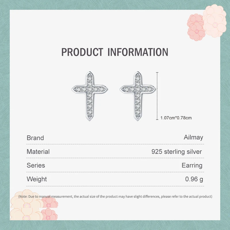 Ailmay Charm Cross Dazzling Clear Zircon Stud Earrings Solid 925 Sterling Silver Classic Earring For Fine Female Fashion Jewelry