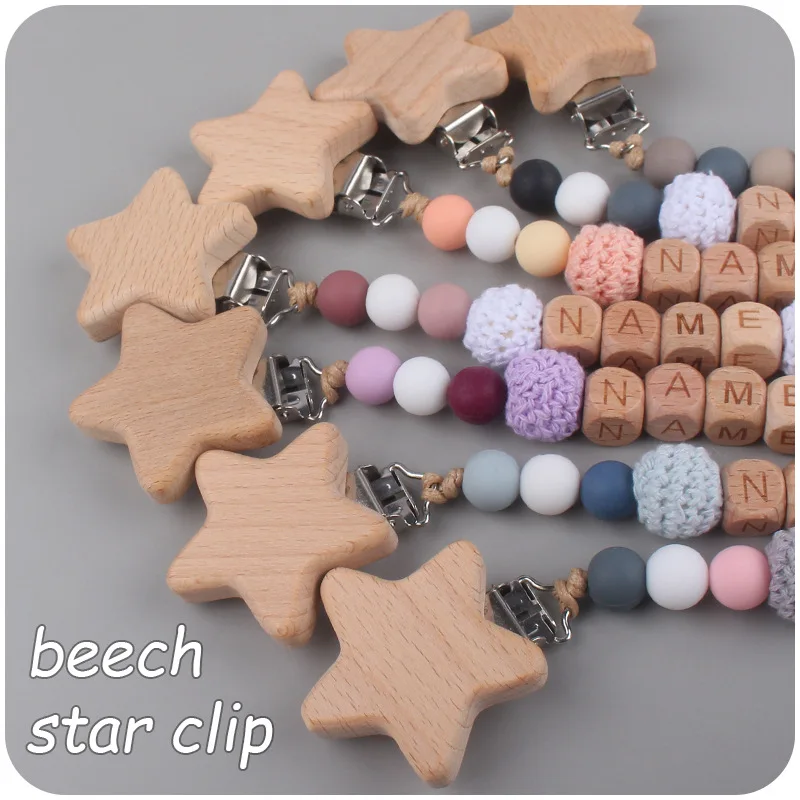 Baby Pacifier Clip Chain Personalized Name Stars Love Wood Safe  Teethers Chains Soother Chew Teething Toys Dummy Nipple Holder