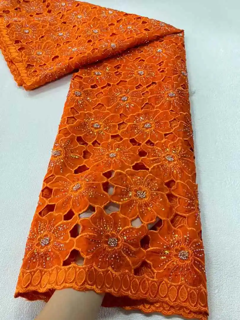 

Hot Sale African Nigerian beads Cotton Embroidery organza Lace Fabric, chiffon lace Wedding Party Dress