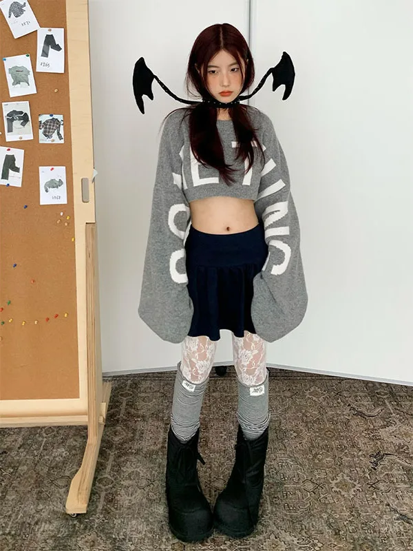 

Korean Sle Simple Extra Large Sve Letter Print Casual ort Knitted Sweater Women's ey Design Sense Knitwear Top