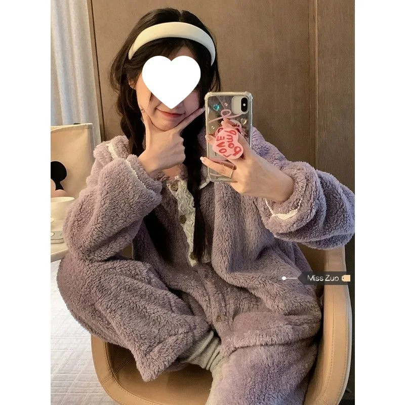 

Женский осенне-зимний пижамный костюм из кораллового флиса, милый комплект одежды для сна, сохраняющий тепло, новая домашняя одежда, фланель, которую можно носить в качестве верхней одежды, ночное белье