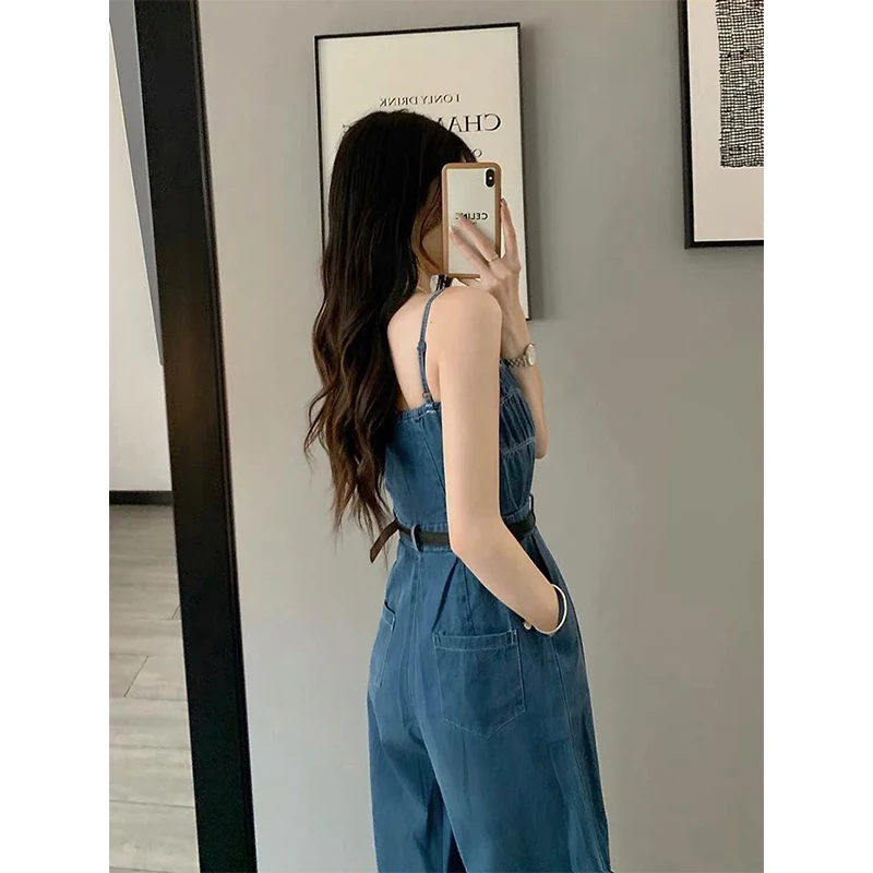 MEXZT Streetwear Denim Overalls Women Belt Wide Leg Jumpsuits Korean Suspender Pants High Waist Sleeveless Strap Jeans Trousers