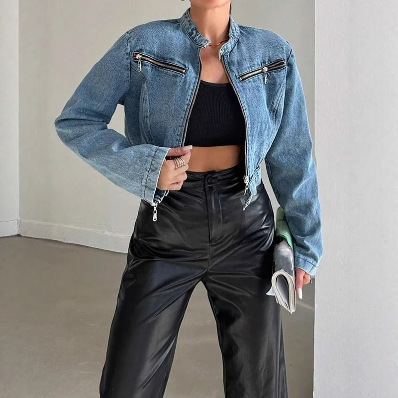 

Fashion Stand Collar Zipper Denim Jackets Women Spring Autumn New Retro Long Sleeve Casual Outerwear Korean Versatile Short Coat
