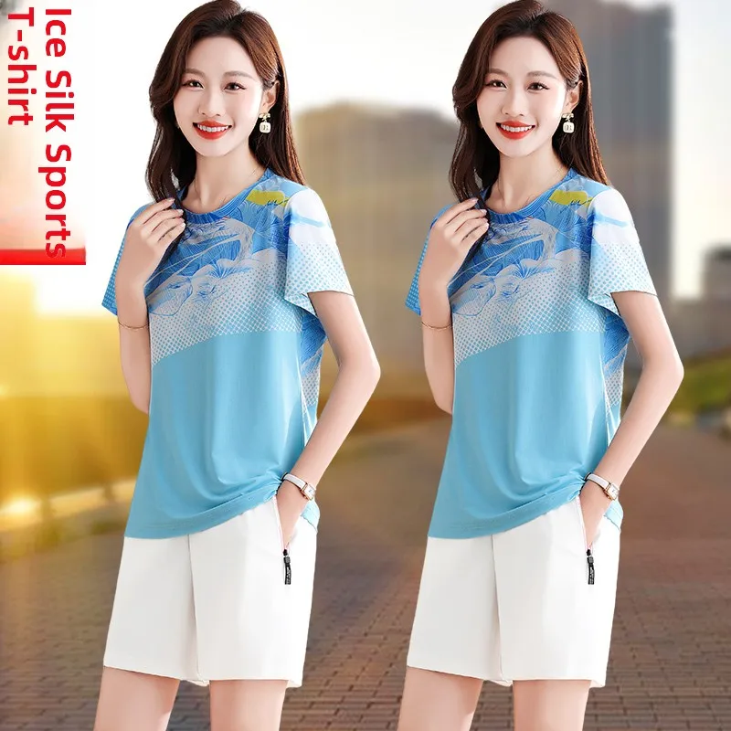 

Ледяной шелк с принтом ort Sve Top Fitn Exercise Square Dancing Summer New Sle Женская спортивная одежда Qui Dry Дышащая