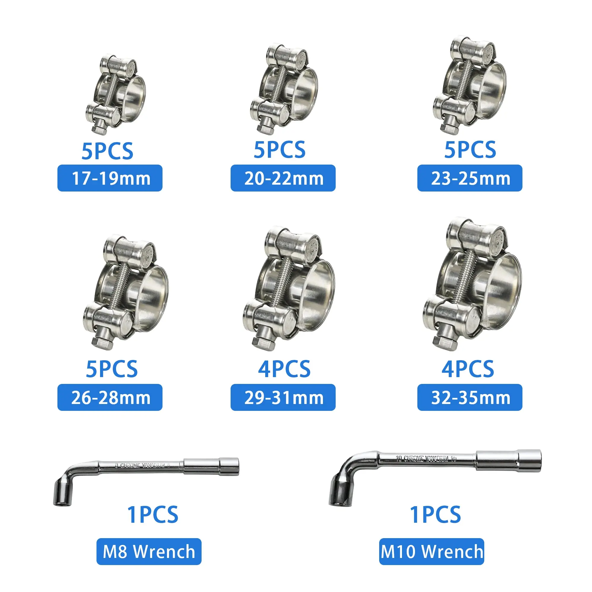 28pcs T Bolt Exhaust Pipe Clips Assortment Kit 304 Stainless Steel Hose Clamp 17-35mm Welding Marine Repair Tool With 2 Wrenches