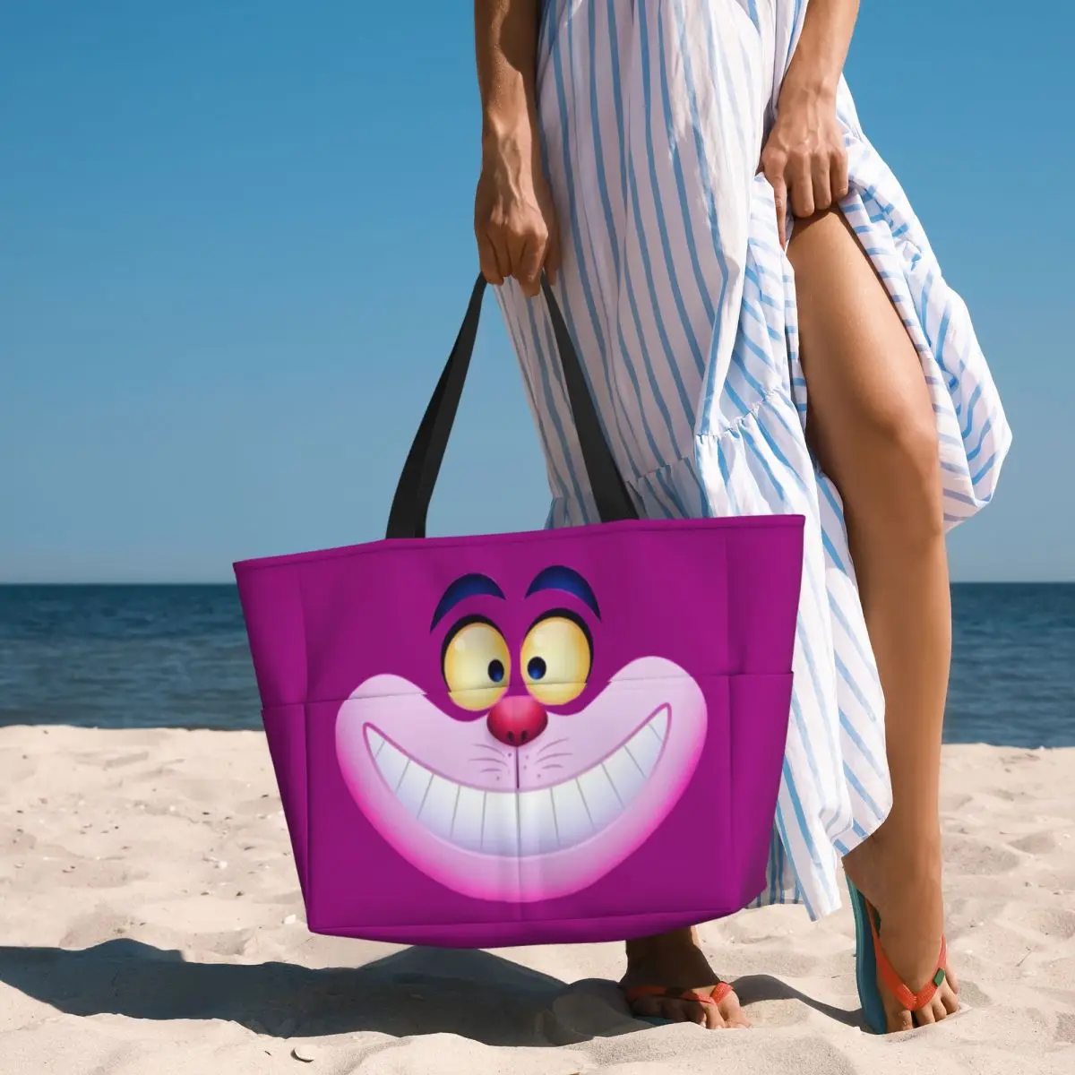 Custom Smiling Cheshire Cat Beach Tote Bag Women Alice In Wonderland Big Compartment Beach Gym Travel Bags