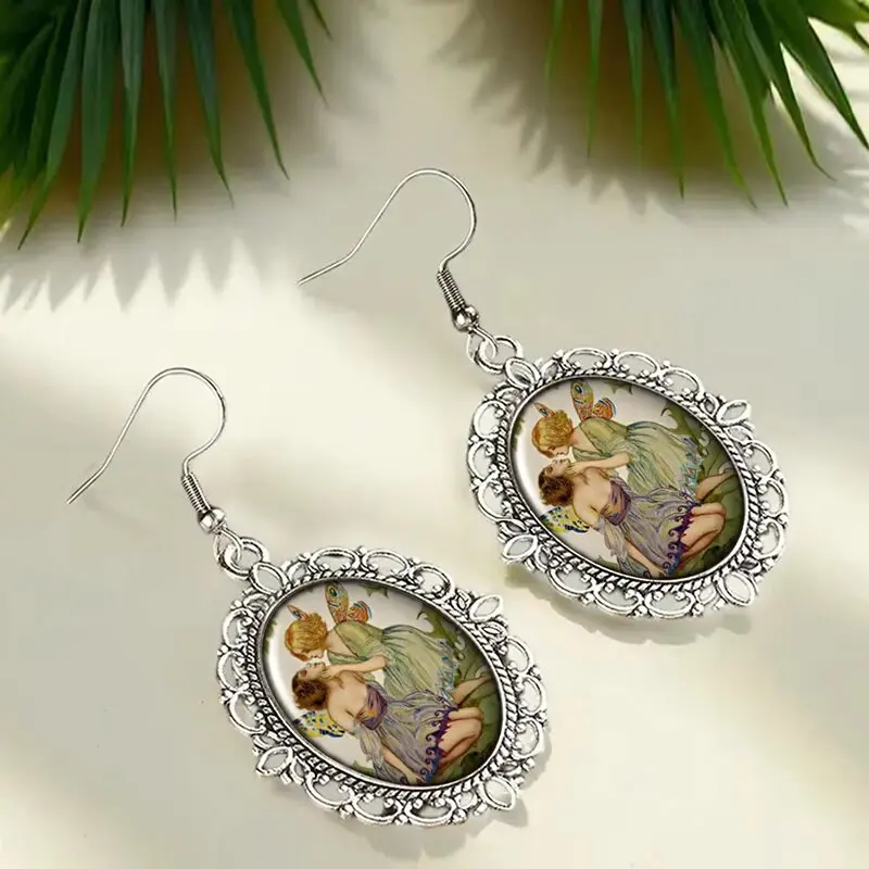 Fairy Style Oval Forest Themed Dome Glass Dangle Earrings with Two Winged Fairies for Women Fantasy Fairy Jewelry Gifts