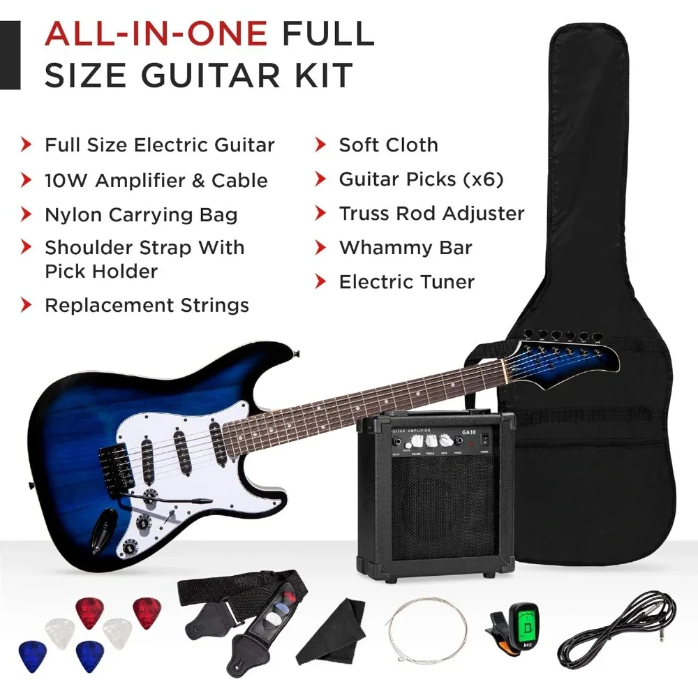 39in Full Size Beginner Electric Guitar Starter Kit w/Case, Strap, 10W Amp, Strings, Pick, Tremolo Bar - Hollywood Blue