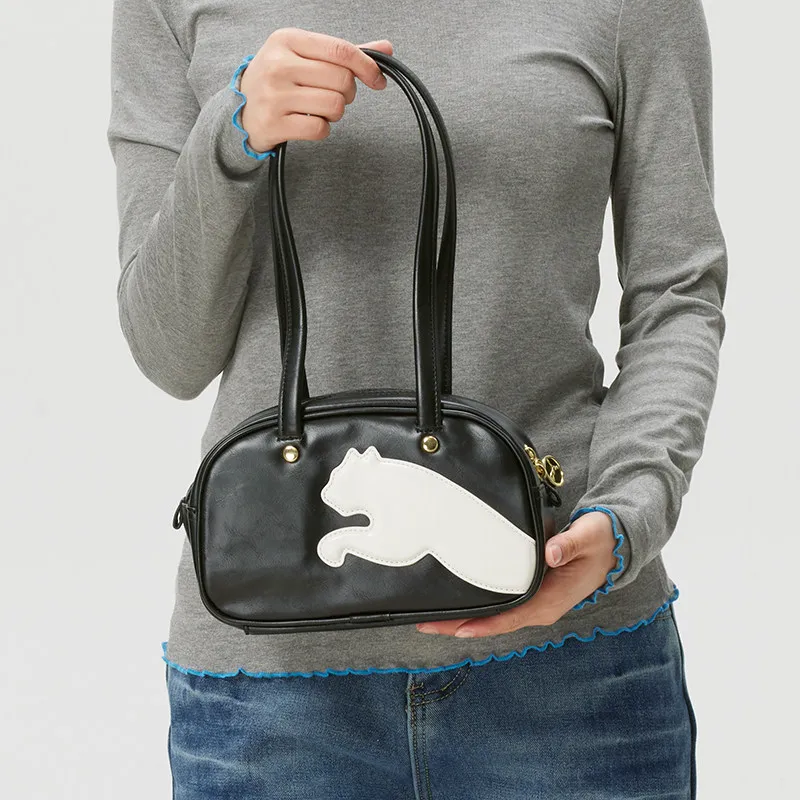 PUMA 092846-03 Women Shoulder Bag Black Warm White Faux Leather Double Handles Half Cat Logo Handbag