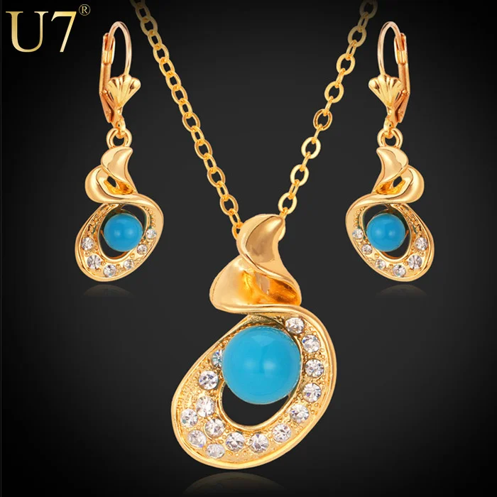 U7 Simulated Pearl Necklace Set Women\'s Gift Trendy Gold Color Blue Syntietic Pearl Necklace Earrings Jewelry Sets S485