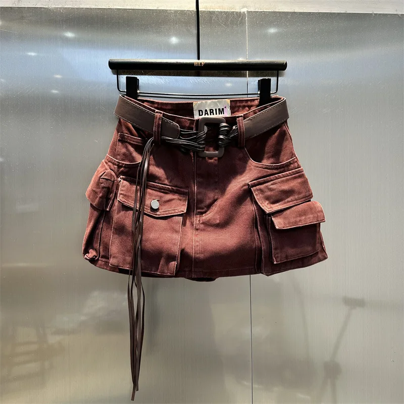 Cargo Denim Skirt For Women Summer Multi Pocket Design High Waist Mini Skirt Solid Color Casual Daily Streetwear Half Pants