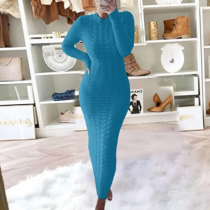 Fashion Twist Flower Round Neck Knitted Sweater Dress,Women\'s Autumn and Winter Solid Color Pullover Long-sleeved Dress,vestidos