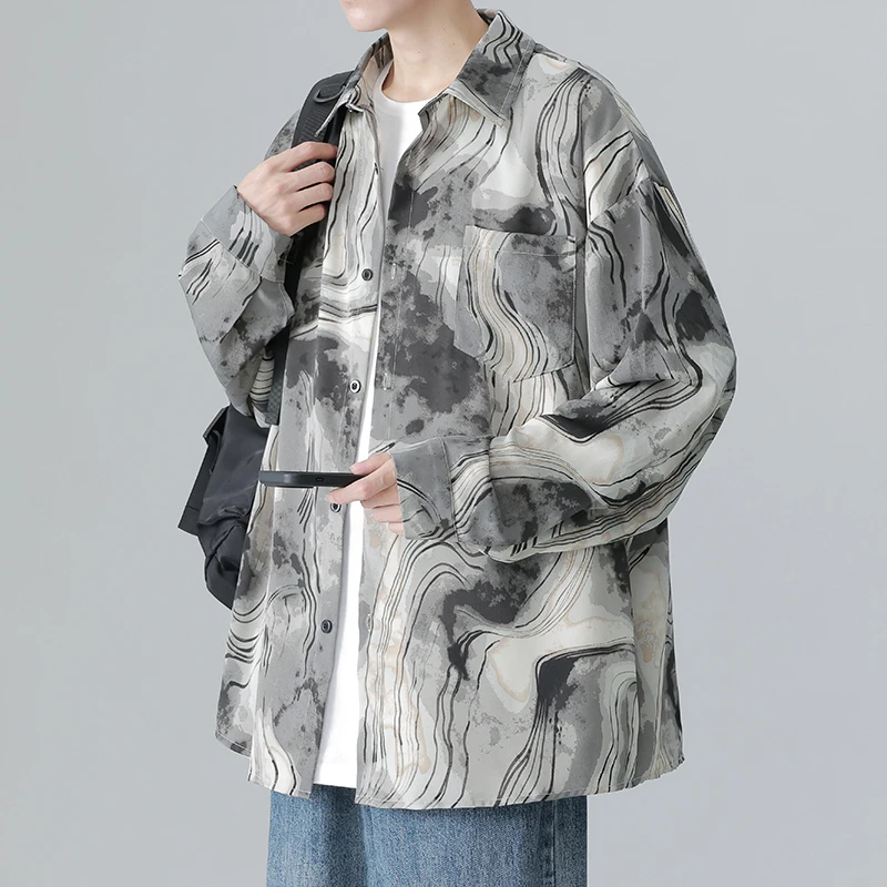 

Loose Long Sve Men's irt Water-Mark Print Casual Trendy Spring Autumn Outerwear Comfortable Ice-Silk Youth Faion