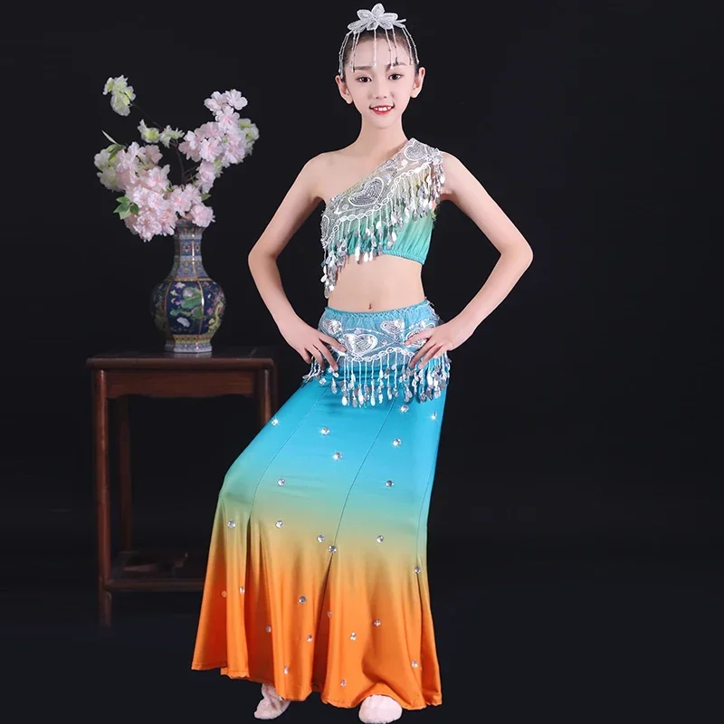 Strój narodowy dla dziewcząt do tańca pawia, rybka, Dai, taniec ludowy, kostium sceniczny do tańca pawia, występ.