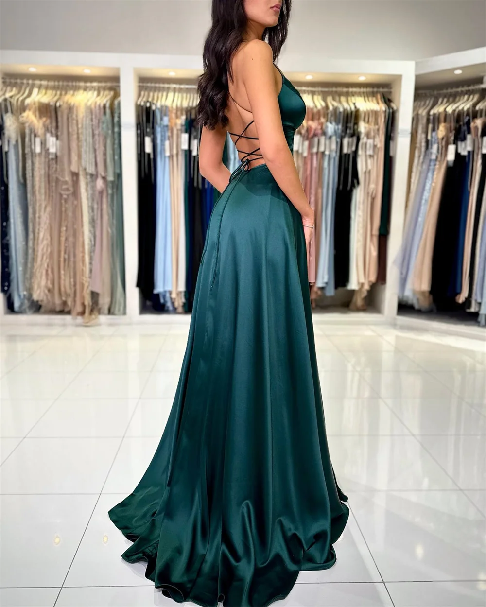 Sansa Spaghetti Strap Satin Prom Dresses V-neck A-line vestidos de noche Elegant Sleeveless Sexy Side High Split Formal Evening