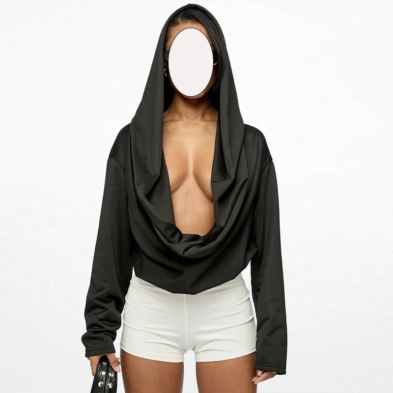 Moda Temperamento Personalità Casual Versatile DeepV Felpa con cappuccio da donna Harajuku Solido Semplice Colletto altalena Felpa con cappuccio a maniche lunghe