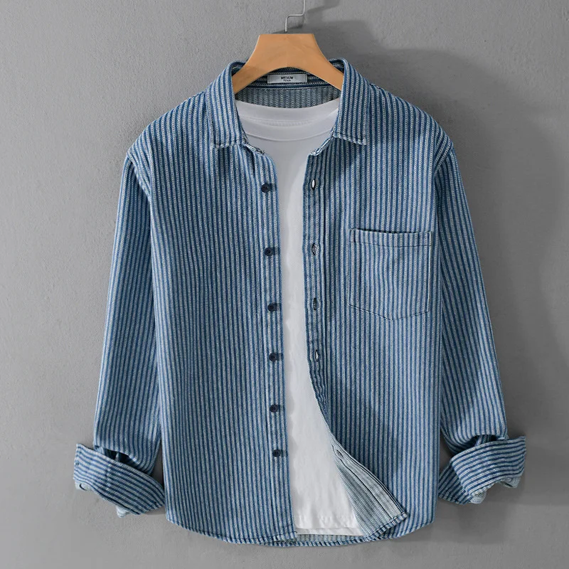 2023 New Spring Autumn Korean Style Men\'s Stripe Lapel Pocket Casual Shirts Long Sleeve Loose Men Outdoors Tops Clothes