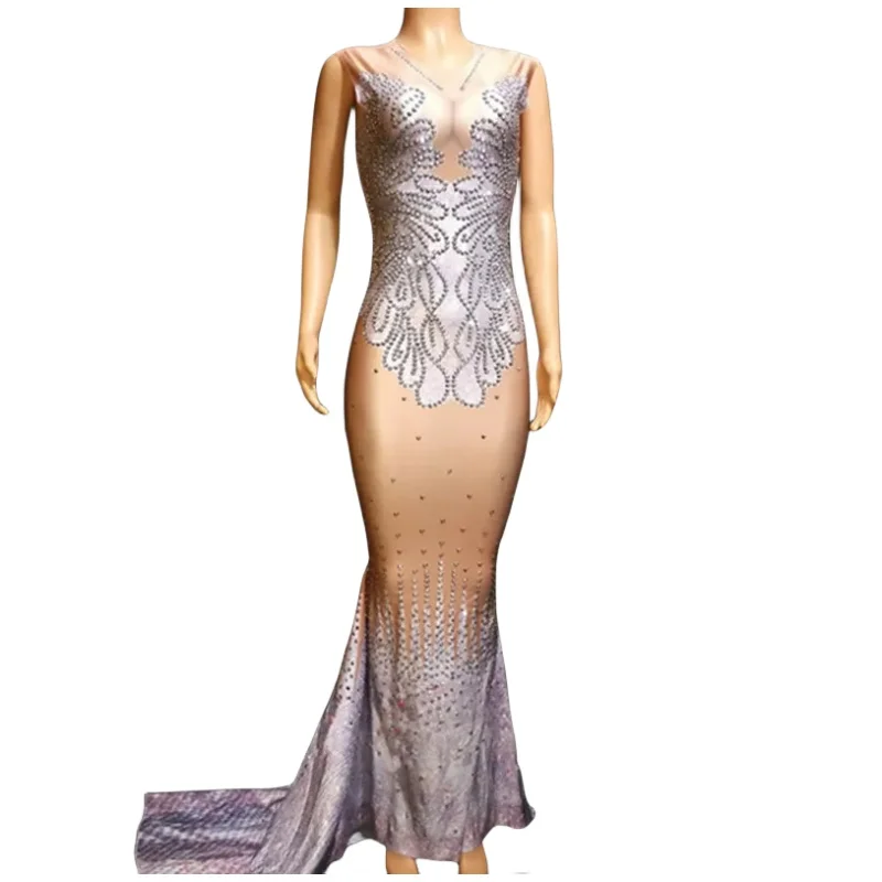 

Long Dress Summer Women Fishtail Party Birthday Celebration Rhinestones Trailing Sexy Stars Singer Host Stage Costume