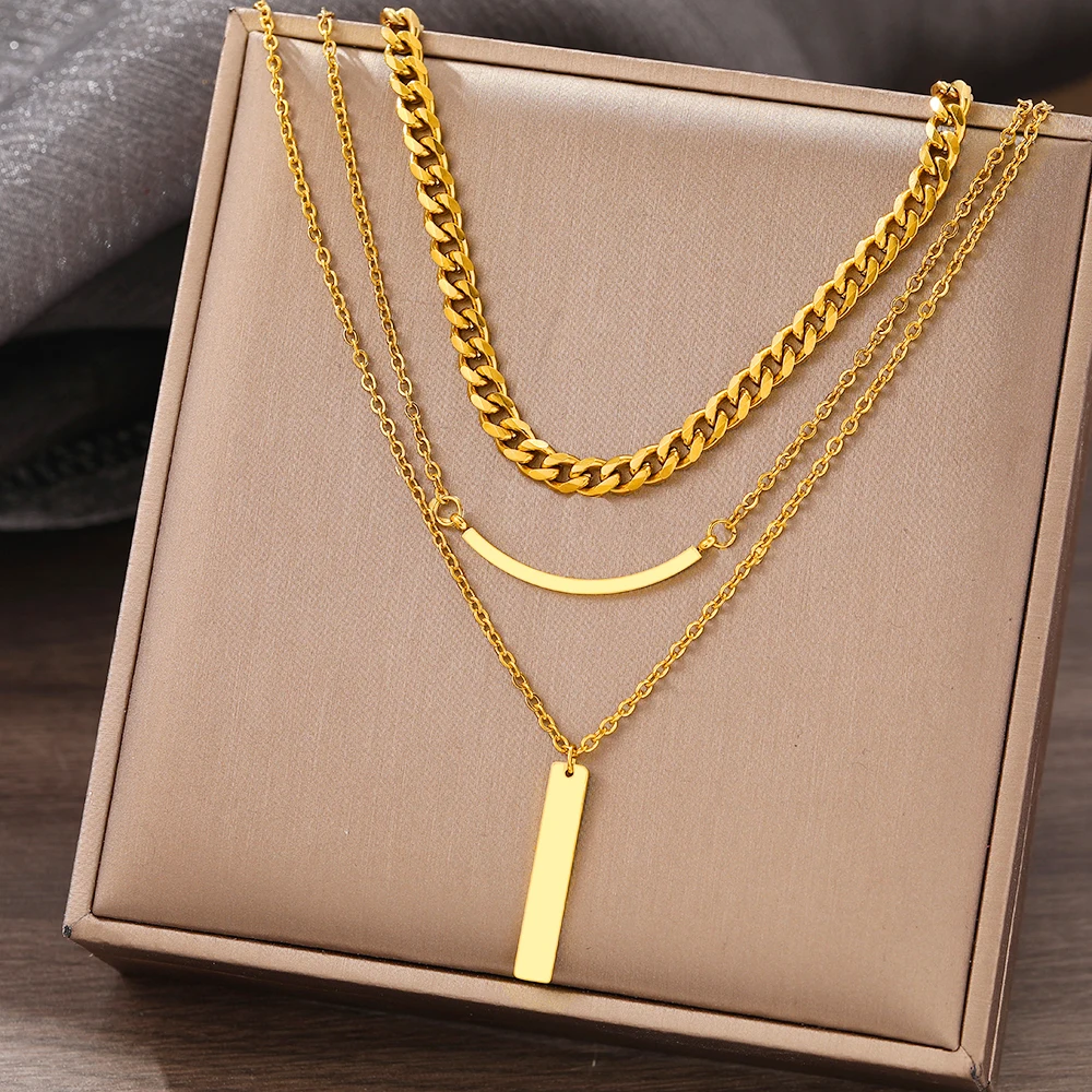 Stainless Steel Necklaces Geometry Rectangle Pendant Choker Multilayer Thick Chain Streetwear Gothic Necklace For Women Jewelry