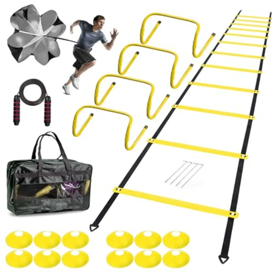 

Agility Ladder Set 20Feet, 4 Hurdles, 12 Soccer Cones, Jump Rope and Running Parachute - Speed Agility Training Equipment for S