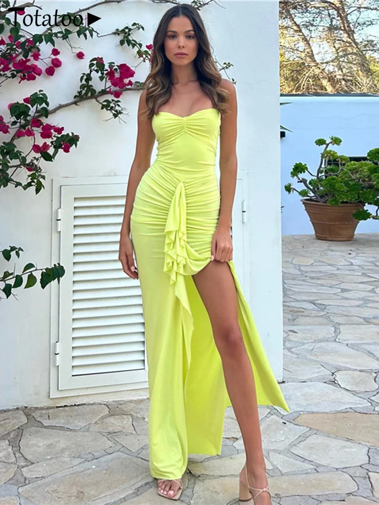 Totatoop Backless Halter Elegant Party Maxi Dress For Women 2024 Summer Off Shoulder Ruffles High Split Ruffles Beach Boho Dress